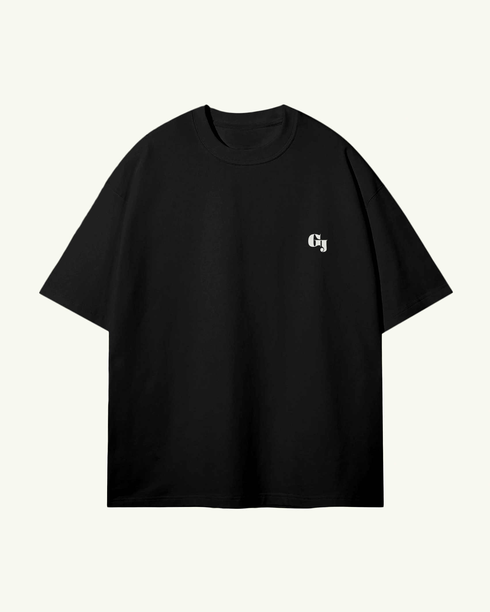 black organic cotton Geoff & Jeffrey, unisex t-shirt with drop shoulders and the brand logo on the front. The shirt has a minimal design.