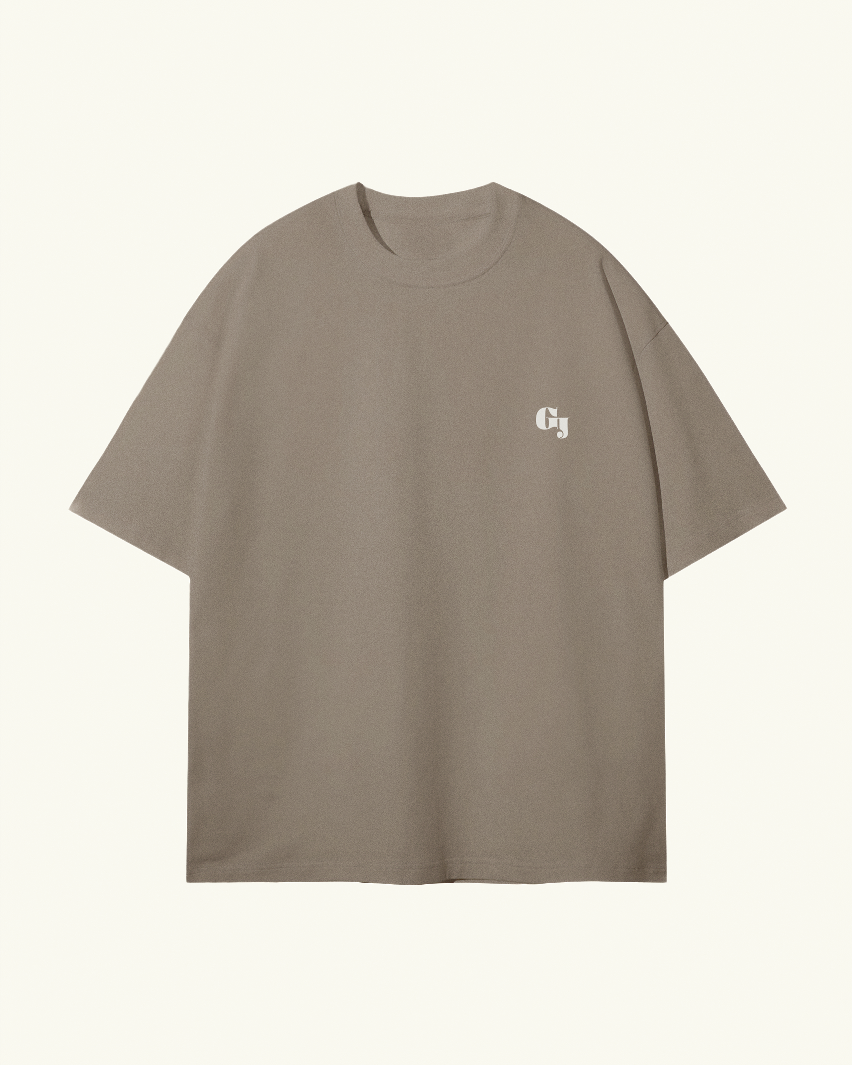 light kaki brown organic cotton Geoff & Jeffrey, unisex t-shirt with drop shoulders and the brand logo on the front. The shirt has a minimal design.