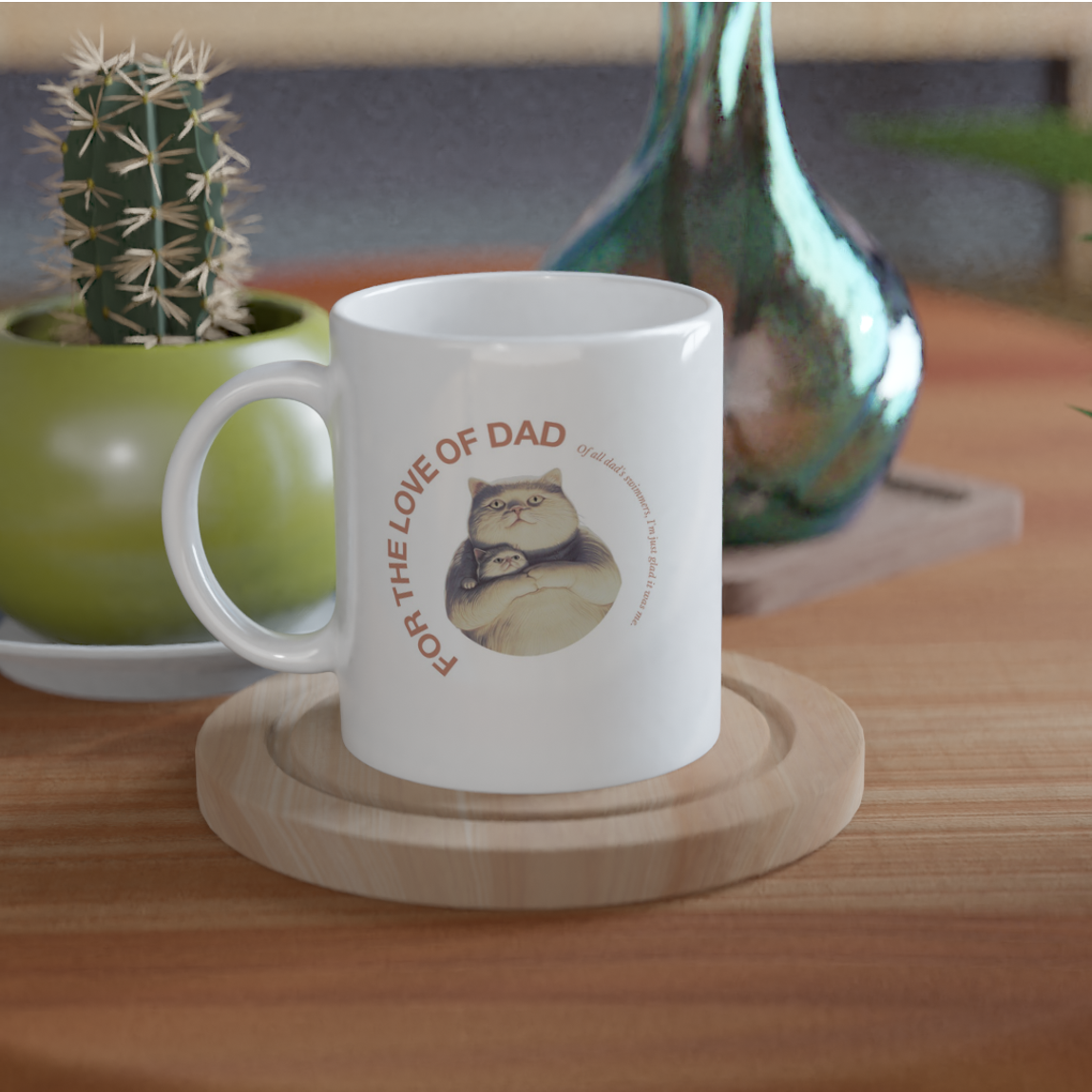 White classic ceramic mug for fathersday on a table with funny text and graphic daddy