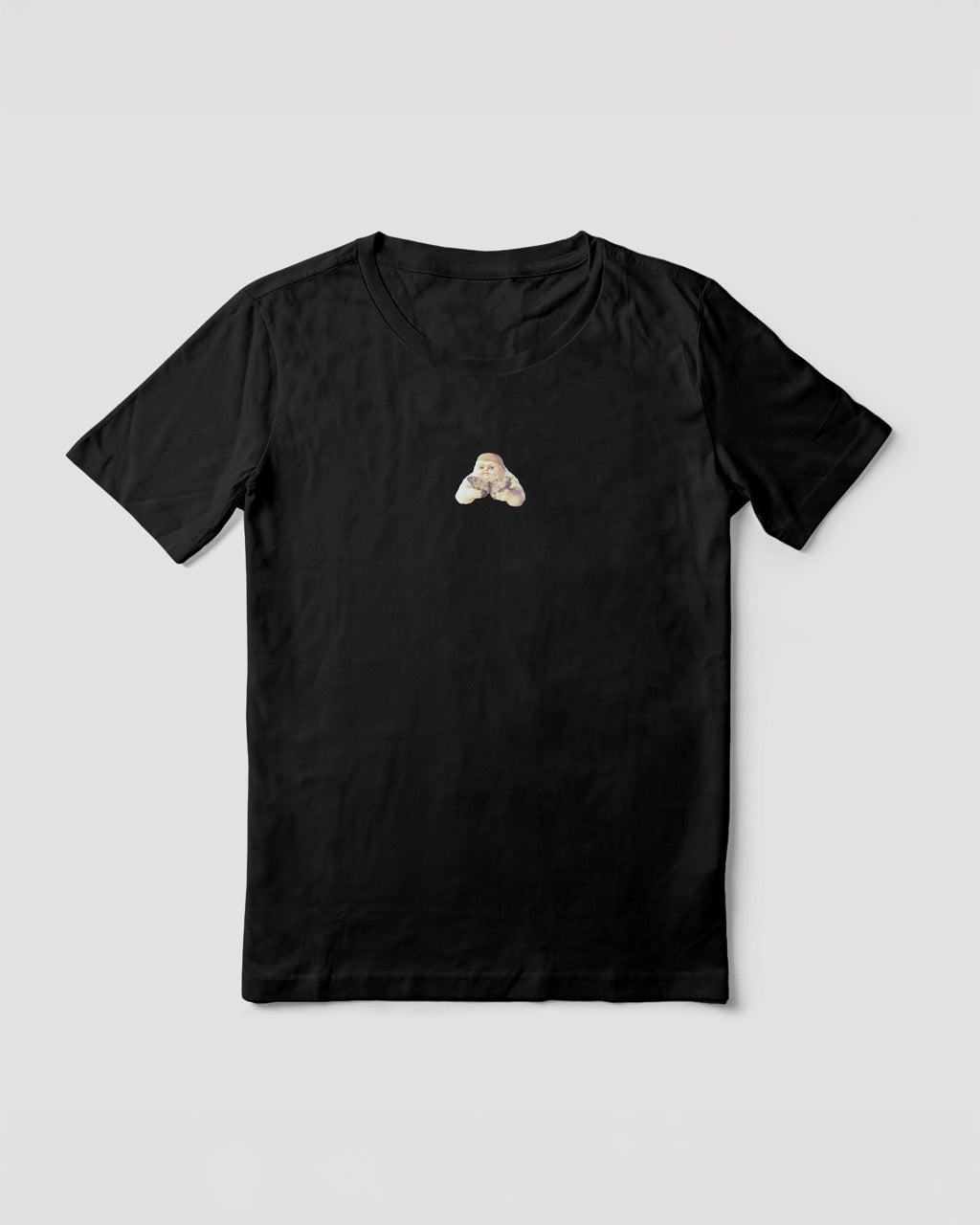 Women's black organic cotton Geoff & Jeffrey t-shirt with a mall graphic print of a jolly, proud boy (Geoff) holding a butterfly. The t-shirt has a cute silly aesthetic.
