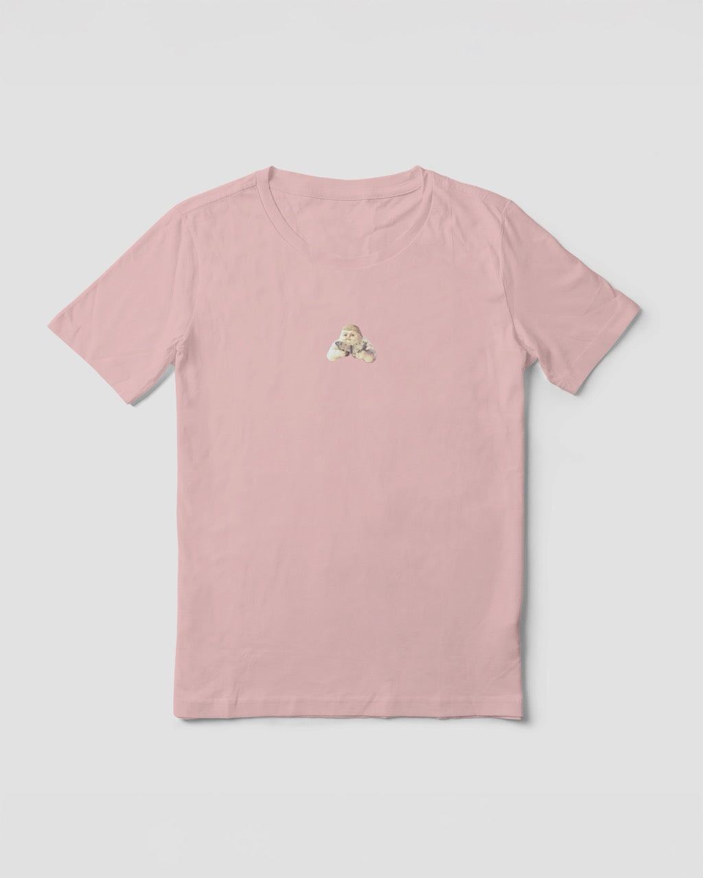 Women's soft pink organic cotton Geoff & Jeffrey t-shirt with a mall graphic print of a jolly, proud boy (Geoff) holding a butterfly. The t-shirt has a cute silly aesthetic.