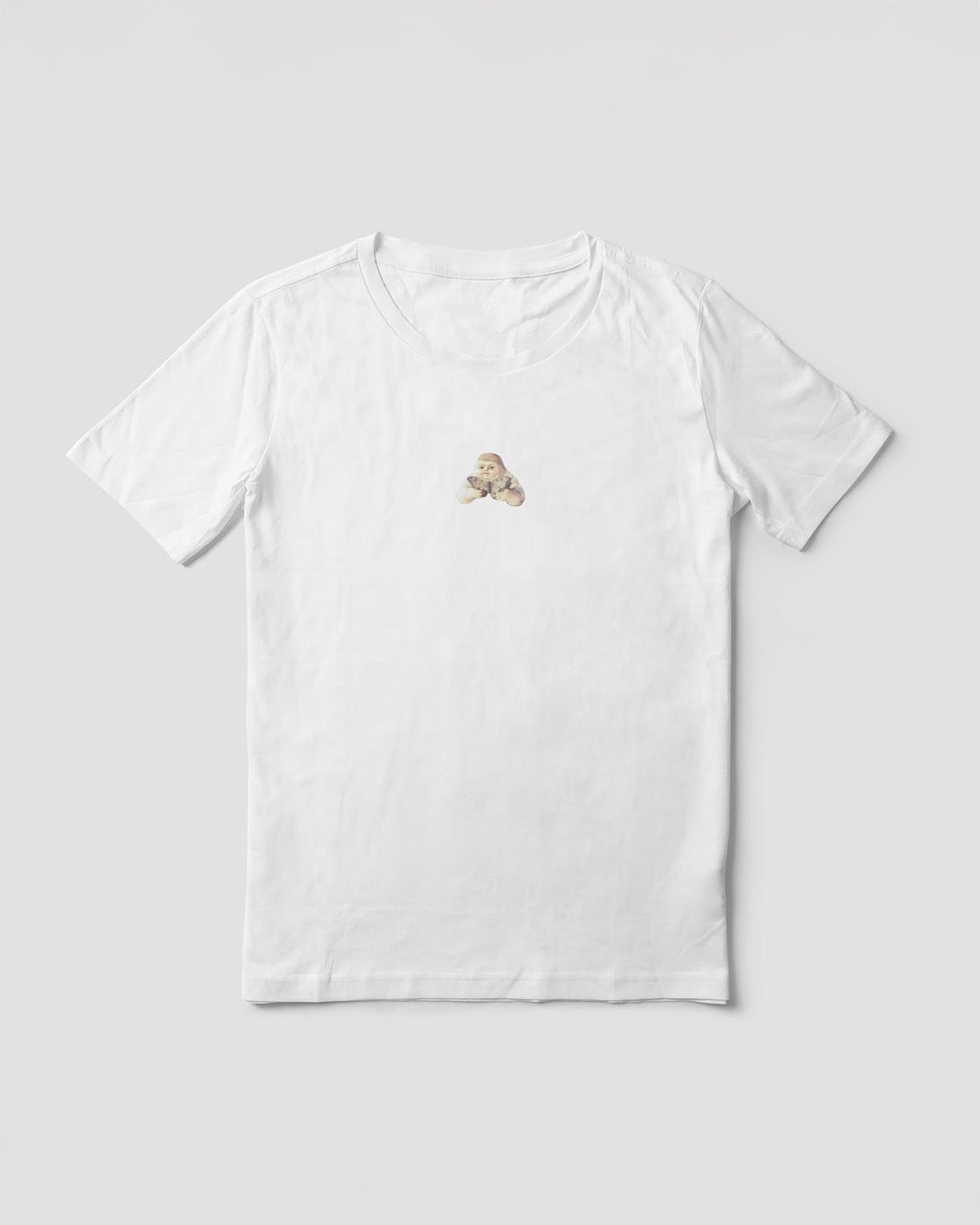 Women's white organic cotton Geoff & Jeffrey t-shirt with a mall graphic print of a jolly, proud boy (Geoff) holding a butterfly. The t-shirt has a cute silly aesthetic.