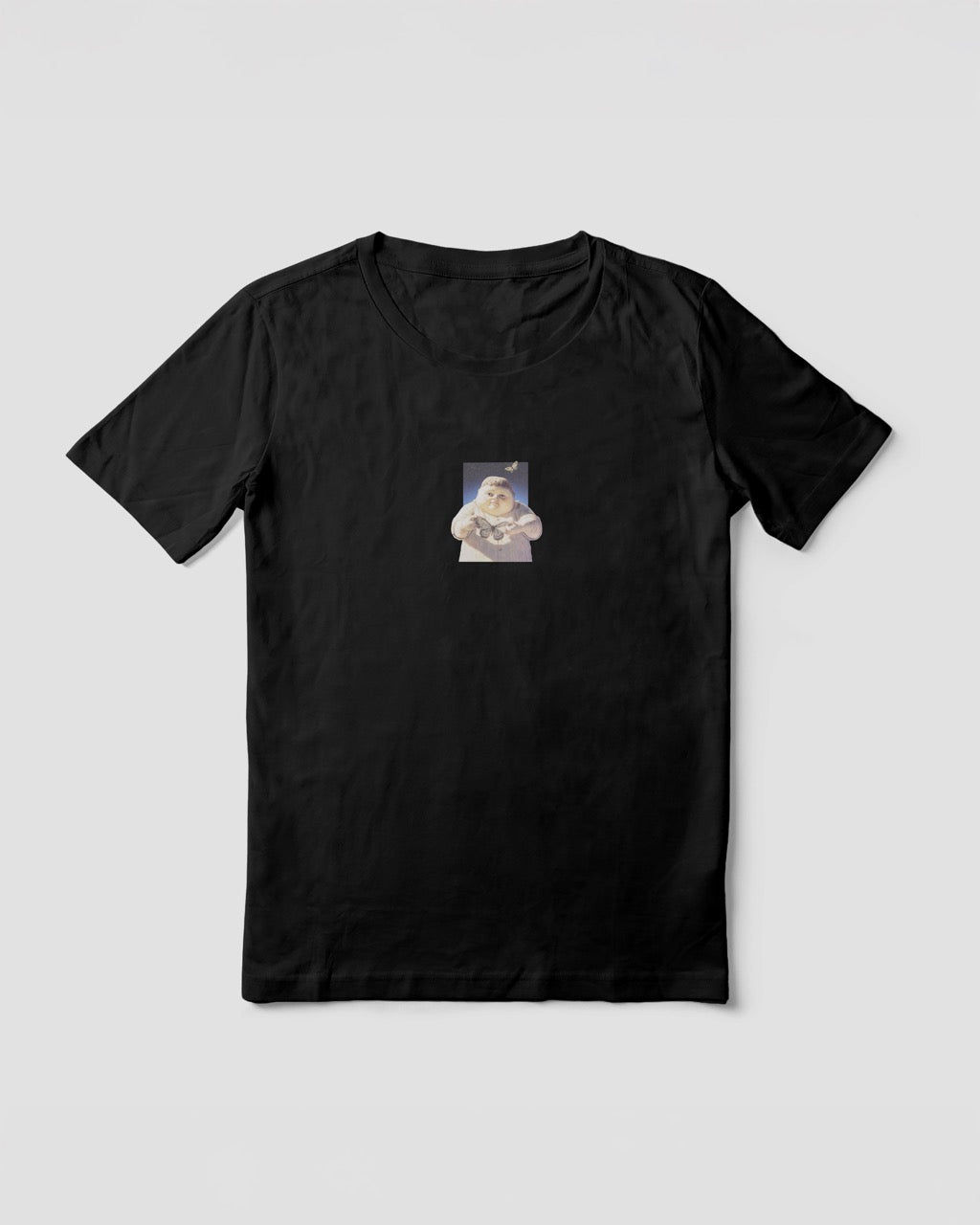 Women's black organic cotton Geoff & Jeffrey t-shirt with a small graphic print of a jolly, proud boy (Geoff) holding a butterfly in front of him. The t-shirt has a cute aesthetic.