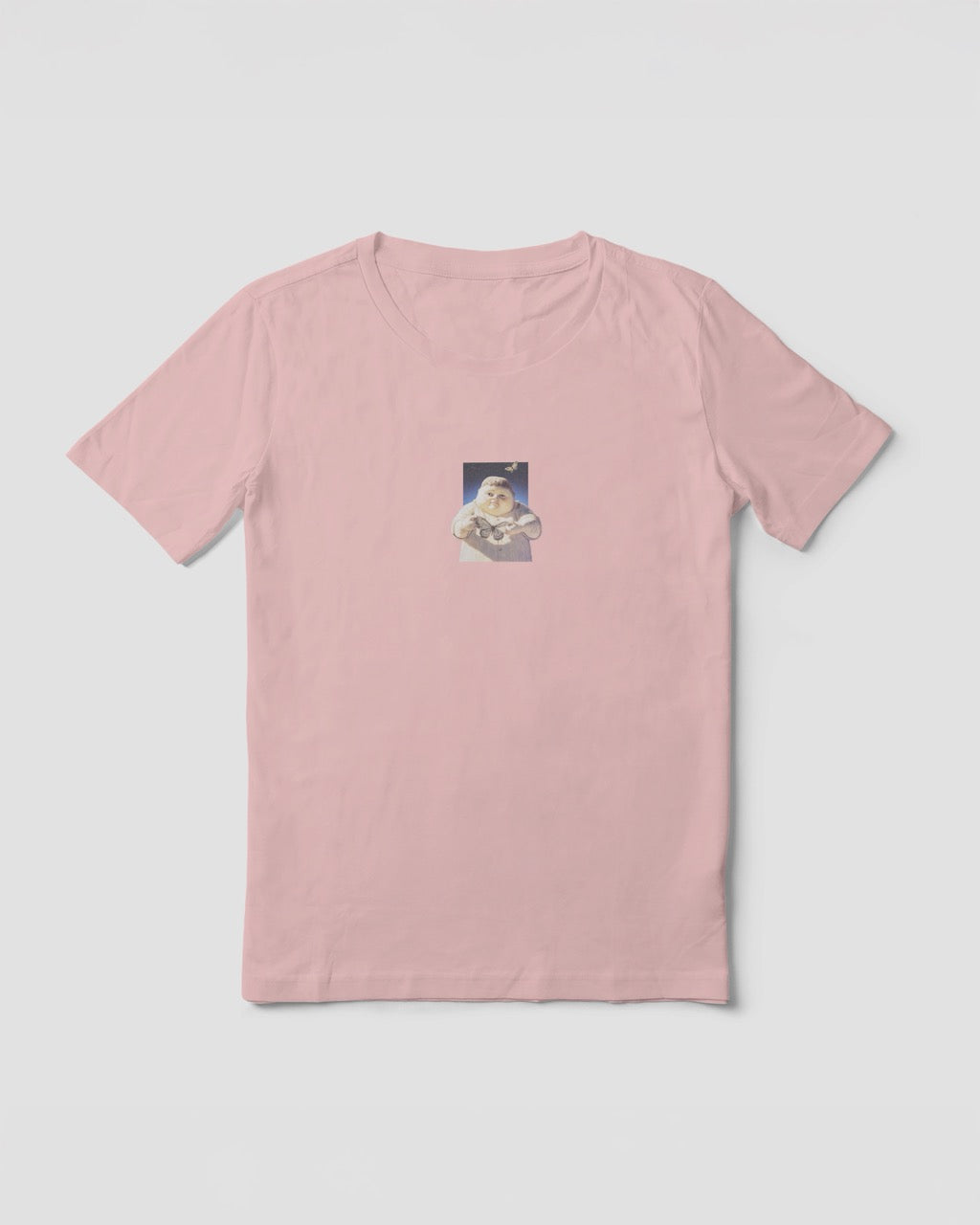 Women's pink organic cotton Geoff & Jeffrey t-shirt with a small graphic print of a jolly, proud boy (Geoff) holding a butterfly in front of him. The t-shirt has a cute aesthetic.