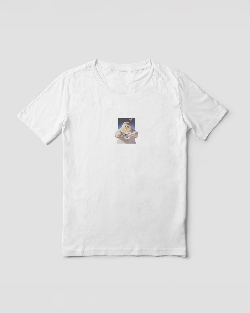 White organic cotton Geoff & Jeffrey t-shirt with a small graphic print of a jolly, proud boy (Geoff) holding a butterfly in front of him. The t-shirt has a cute aesthetic.