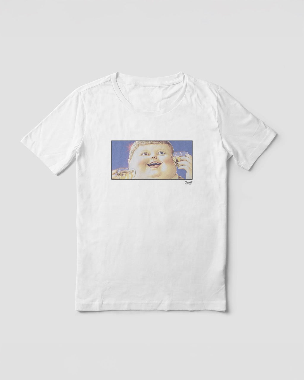 Women's white organic cotton Geoff & Jeffrey t-shirt with a framed graphic print of a jolly, proud boy (Geoff) looking upwards holding drinks for apero, with his name 'Geoff' subtly printed in Libre Baskerville below the image. The t-shirt has a feel good aesthetic.

