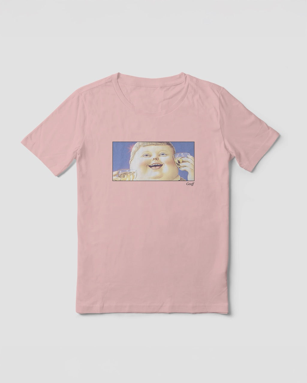 Women's pink organic cotton Geoff & Jeffrey t-shirt with a framed graphic print of a jolly, proud boy (Geoff) looking upwards holding drinks for apero, with his name 'Geoff' subtly printed in Libre Baskerville below the image. The t-shirt has a feel good aesthetic.