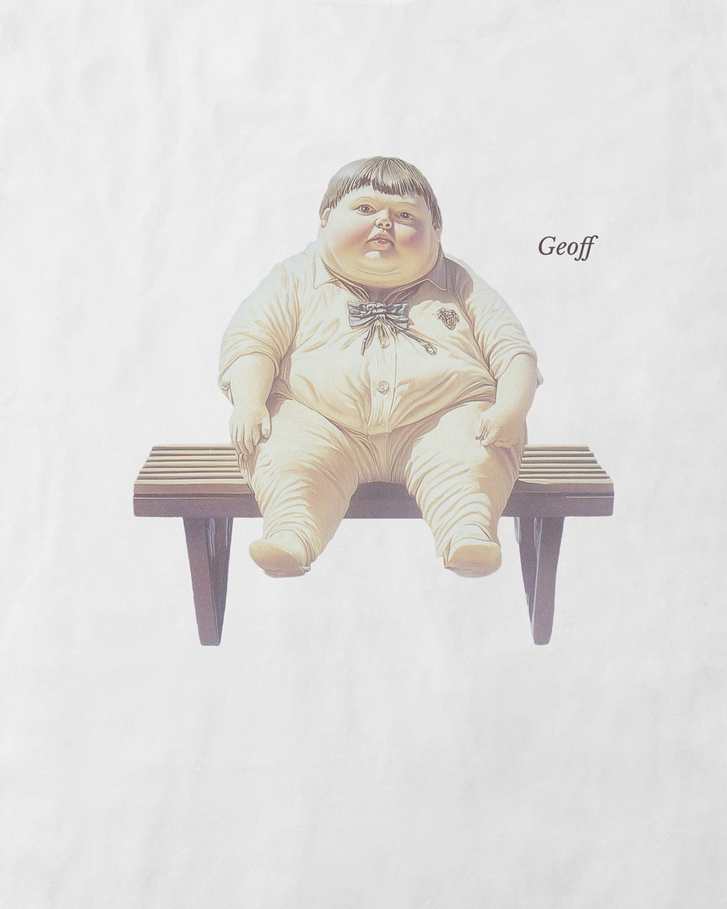 Close up of a women's white organic cotton Geoff & Jeffrey t-shirt with a graphic print of a jolly, proud boy (Geoff) sitting on a bench, waiting, with his name 'Geoff' subtly printed in Libre Baskerville next to the image. The t-shirt has a weird aesthetic