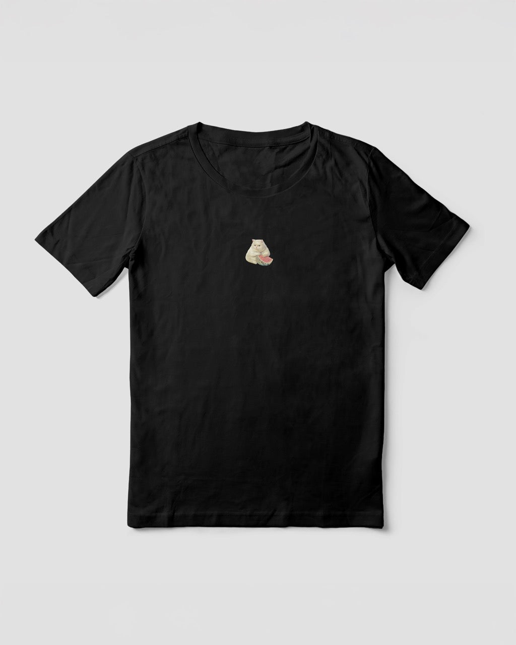 Women's black organic cotton Geoff & Jeffrey t-shirt with a small graphic print of a funny fat cat (Jeffrey) holding a watermelon. The t-shirt has a cute aesthetic.