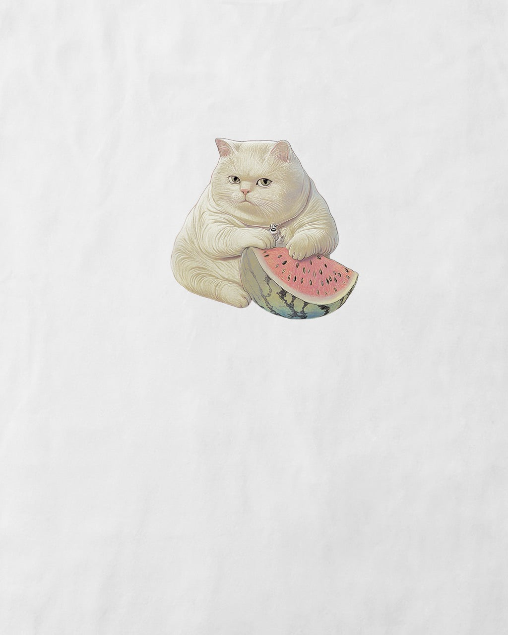 Close up of a women's white organic cotton Geoff & Jeffrey t-shirt with a small graphic print of a funny fat cat (Jeffrey) holding a watermelon. The t-shirt has a cute aesthetic.