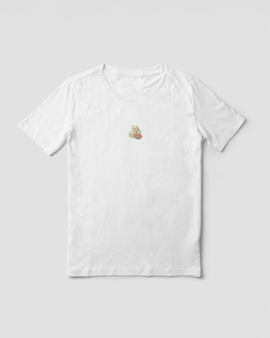 Women's white organic cotton Geoff & Jeffrey t-shirt with a small graphic print of a funny fat cat (Jeffrey) holding a watermelon. The t-shirt has a cute aesthetic.