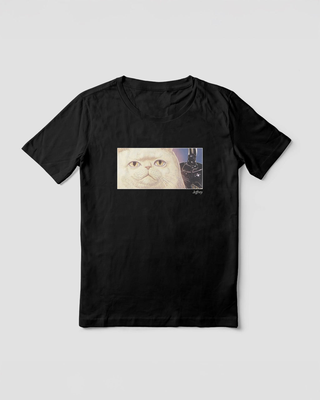 Women's black organic cotton Geoff & Jeffrey t-shirt with a framed graphic print of a funny fat cat (Jeffrey) poker-faced and a kettle at his side. With his name 'Jeffrey' subtly printed in Libre Baskerville below the image. The t-shirt has a cute aesthetic