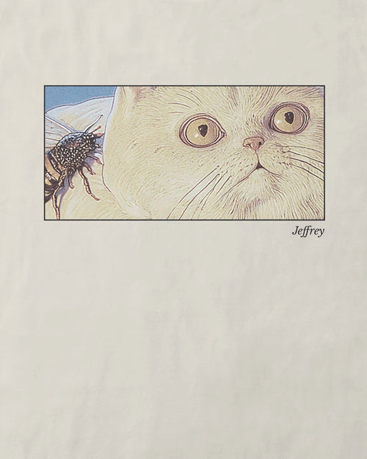 Close up of women's off-white natural organic cotton Geoff & Jeffrey t-shirt with a framed graphic print of a funny fat cat (Jeffrey) looking concerned with a wasp on his back. With his name 'Jeffrey' subtly printed in Libre Baskerville below the image. The t-shirt has a cute aesthetic