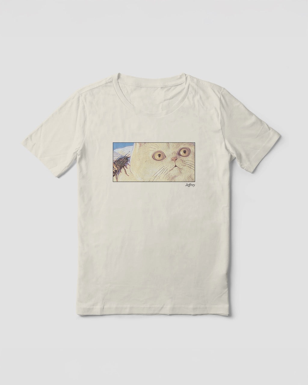 Women's off-white natural organic cotton Geoff & Jeffrey t-shirt with a framed graphic print of a funny fat cat (Jeffrey) looking concerned with a wasp on his back. With his name 'Jeffrey' subtly printed in Libre Baskerville below the image. The t-shirt has a cute aesthetic