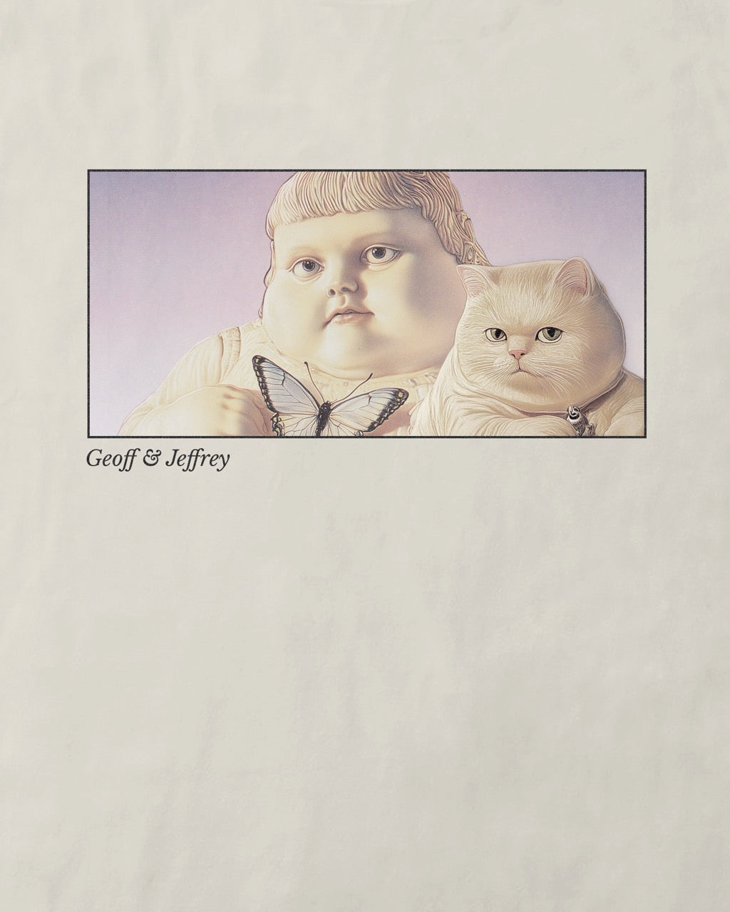 Close up of a white organic cotton Geoff & Jeffrey women's t-shirt with a framed graphic print of the jolly, proud boy (Geoff) and his funny fat cat (Jeffrey), holding a butterfly, with there names subtly printed in Libre Baskerville below the image. The t-shirt has a dreamy aesthetic.