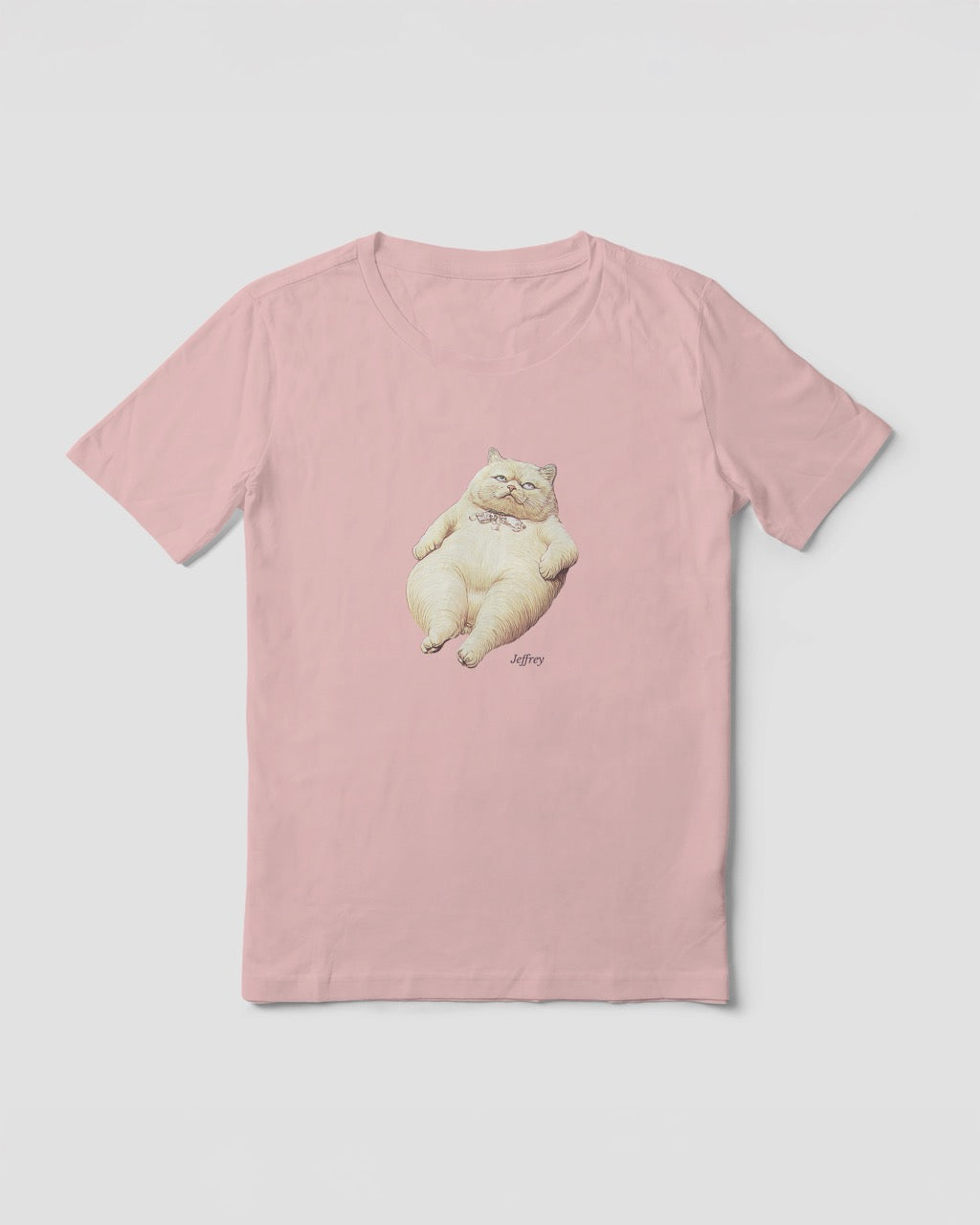 Mock up of a women's t-shirt in soft pink with a front print illustration of Jeffrey (from the funny duo Geoff & Jeffrey). The fat cat that is lying on his back, looking annoyed, rolling his eyes. In the bottom his name is written in an elegant font: Libre baskerville.