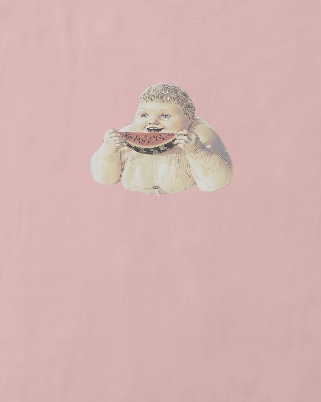 close up of a women's soft pink organic cotton Geoff & Jeffrey t-shirt with a graphic print of a jolly, proud boy (Geoff) smiling and eating a watermelon, with his name 'Geoff' subtly printed in Libre Baskerville below the image. The t-shirt has a cute aesthetic.