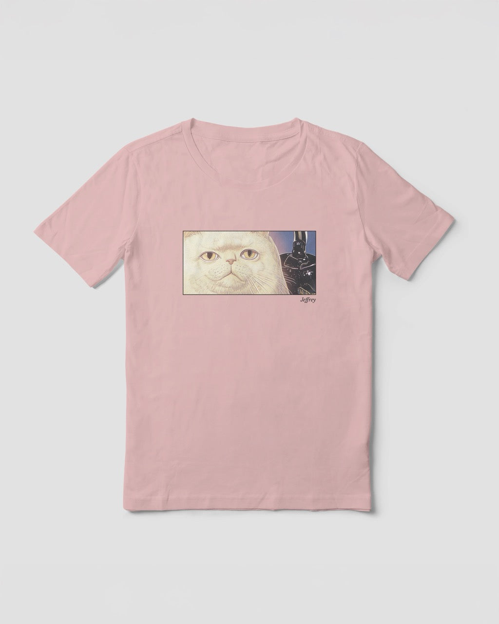 Women's pink organic cotton Geoff & Jeffrey t-shirt with a framed graphic print of a funny fat cat (Jeffrey) poker-faced and a kettle at his side. With his name 'Jeffrey' subtly printed in Libre Baskerville below the image. The t-shirt has a cute aesthetic