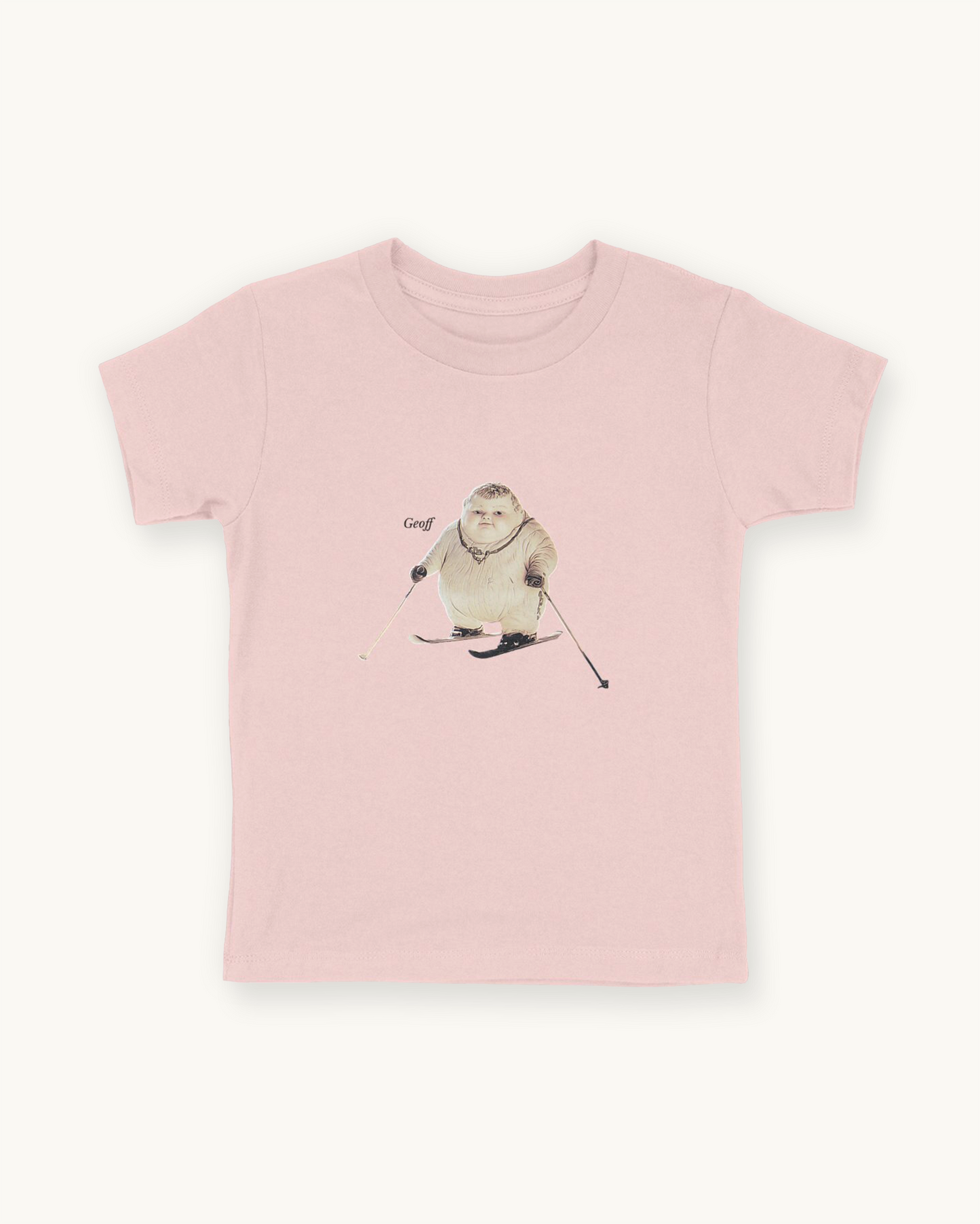 pink organic cotton Geoff & Jeffrey children’s t-shirt. The front of the shirt has a print of Geoff with skis